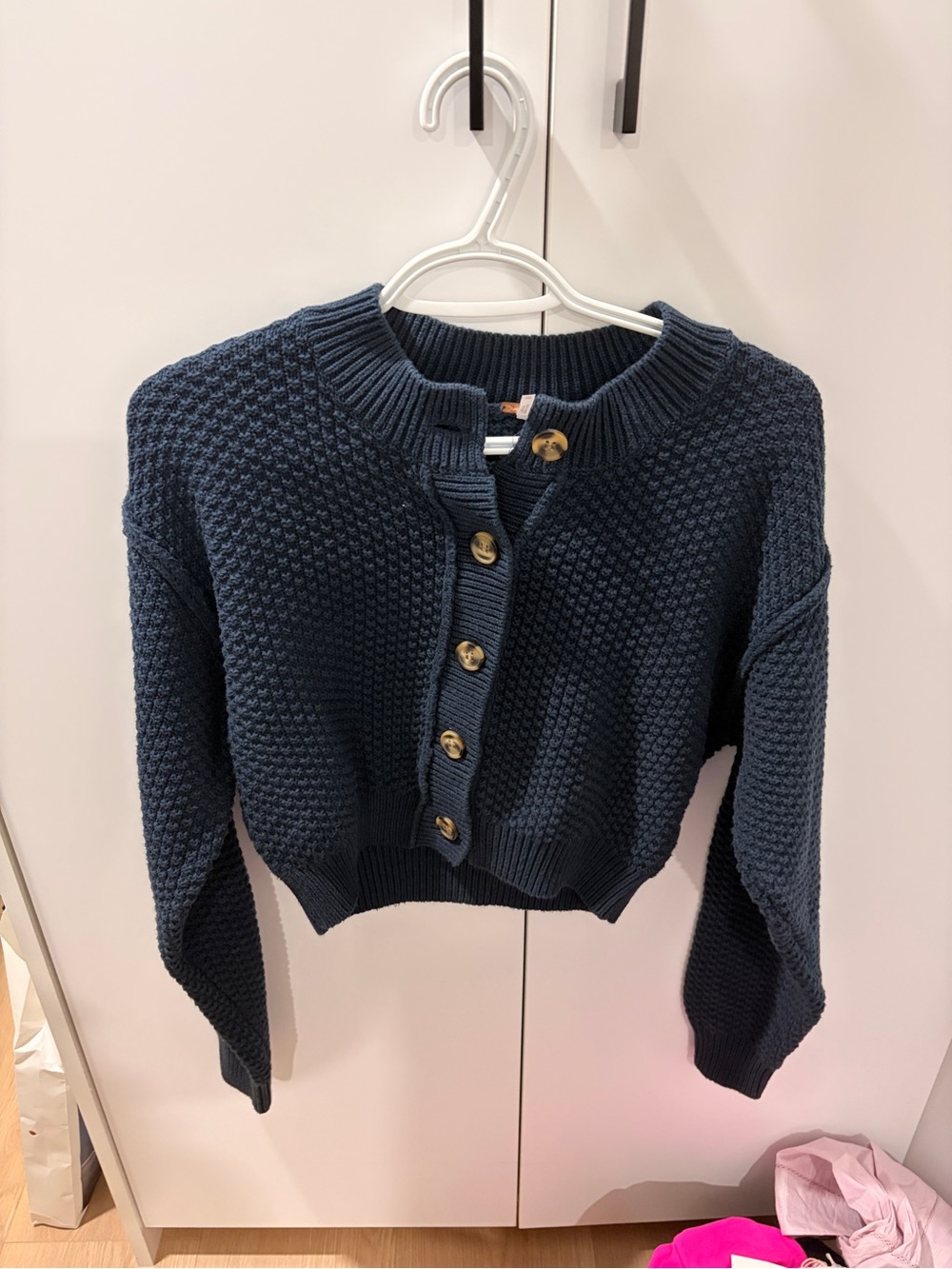 Free People Navy Textured Cropped Button Cardigan